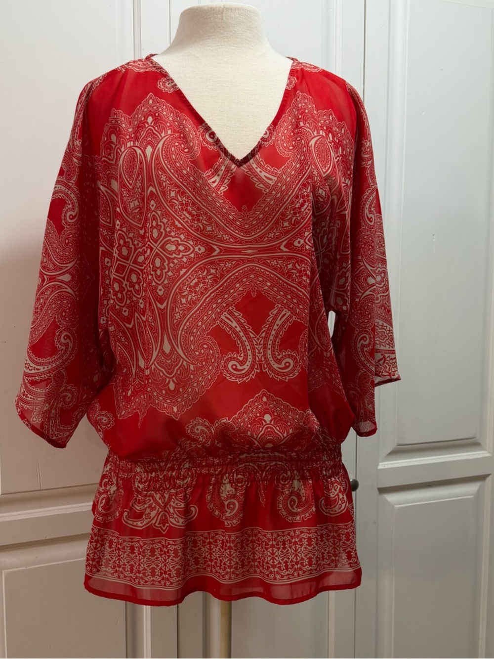 Red Paisley V-Neck Sheer Blouse